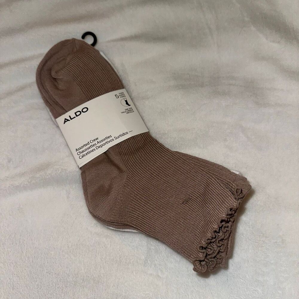 Aldo Women’s Crew Socks - 5 Pairs - Ruffle Cuffs Brown White Tan NWT